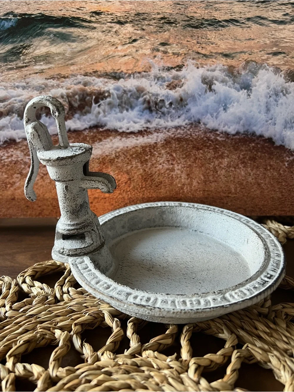 Vintage-Style White Cast Iron Soap Dish with Pump Accent